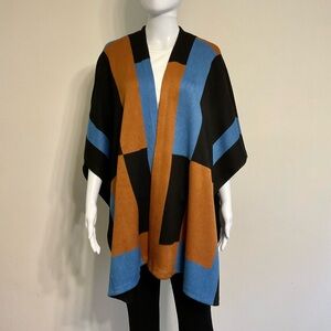 White House Black Market Sweater Ruana~Black/Blue/Caramel~One Size Fits Most~N…